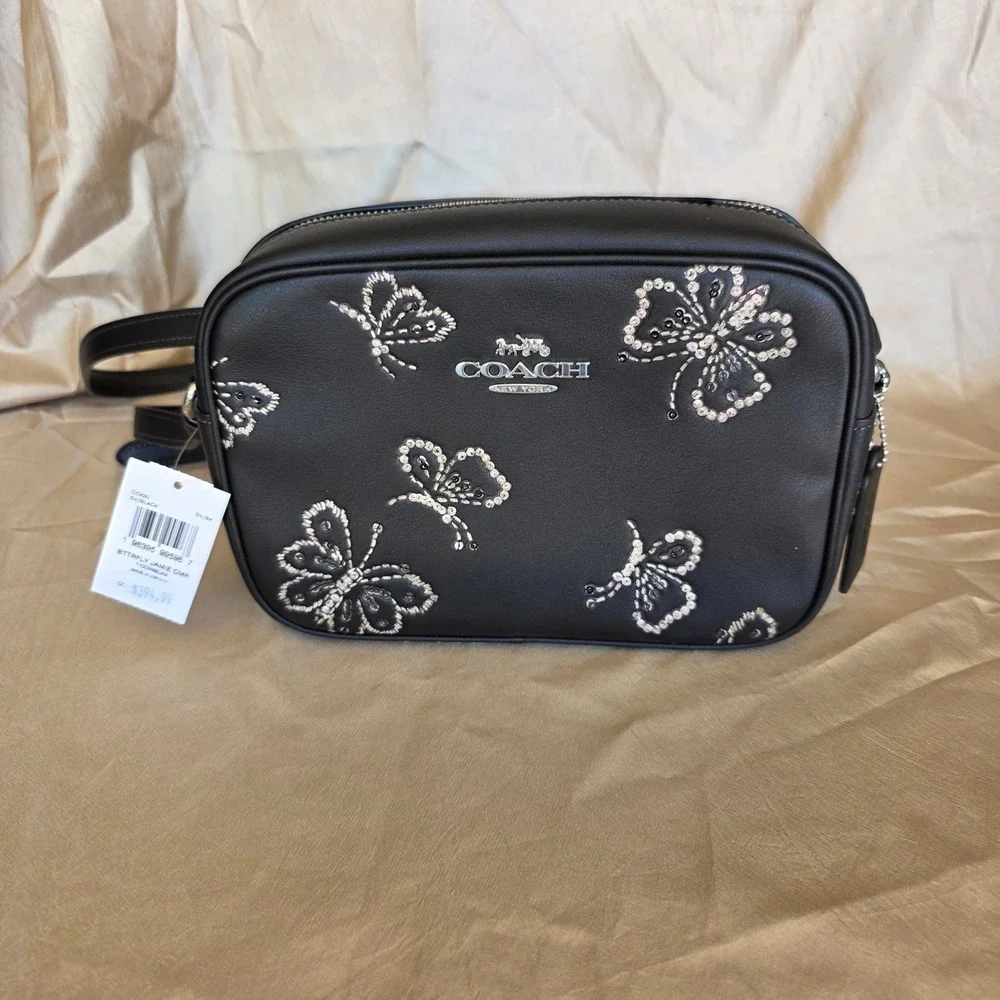 Coach Jamie Camera‎ Bag Black Butterfly Print Sequin Crossbody CCK90 NWT